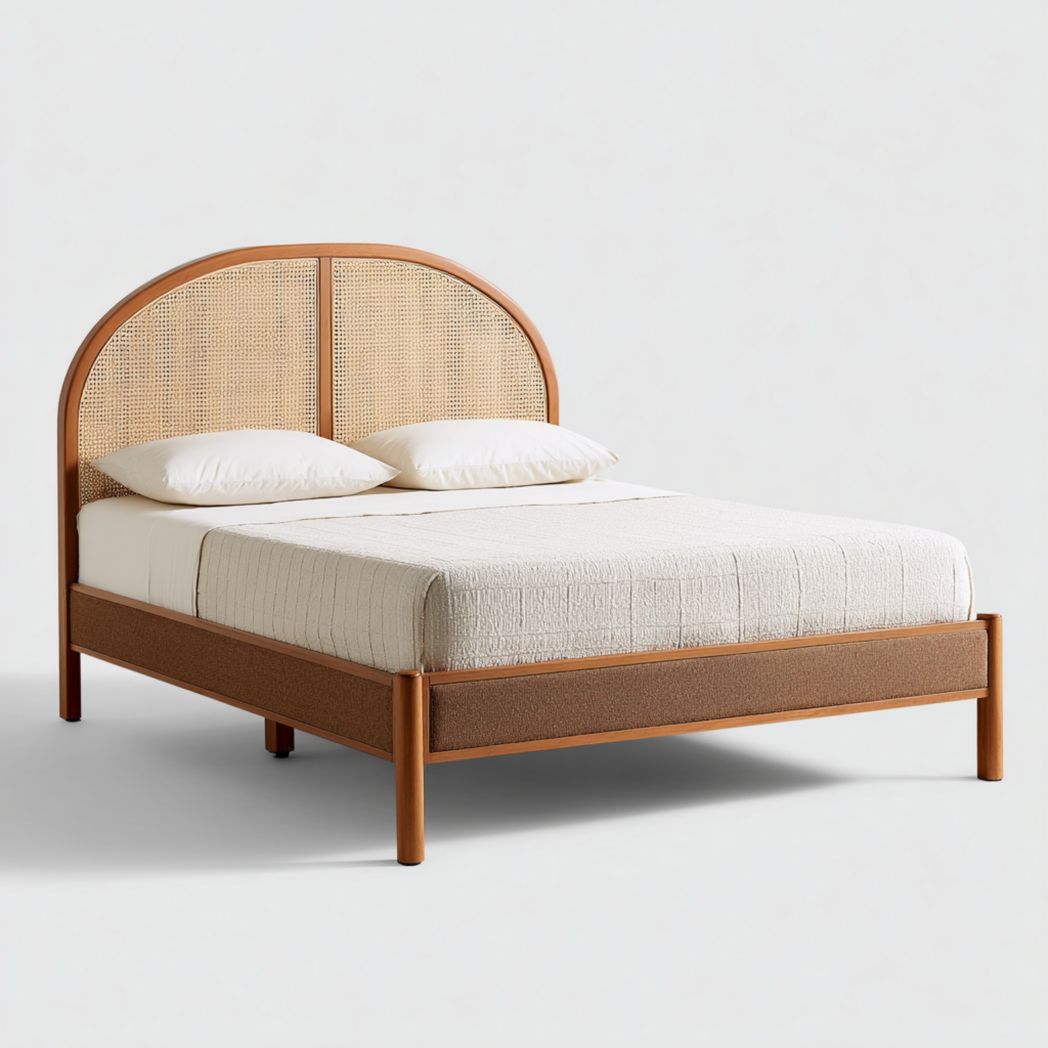 Bettrahmen aus Holz mit Rattan-Elementen für Schlafzimmer-200 x 160 x 90